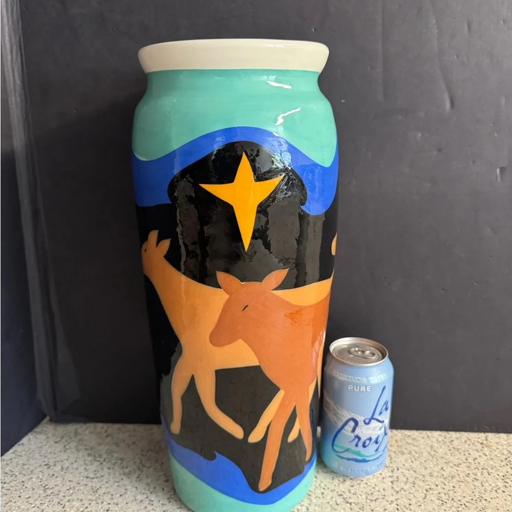 Vintage 15”Tall Signed Celestial Kadisak blue + green Wilderkind glazed vase.